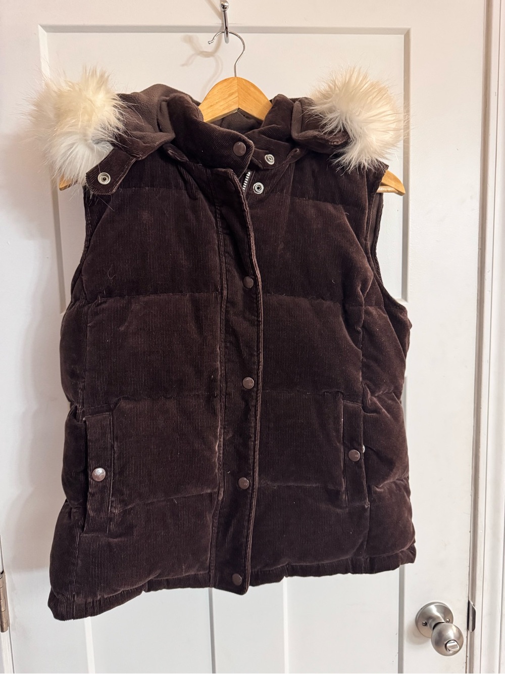 GAP Brown Corduroy Puffer Down Vest with Faux Fur Trim